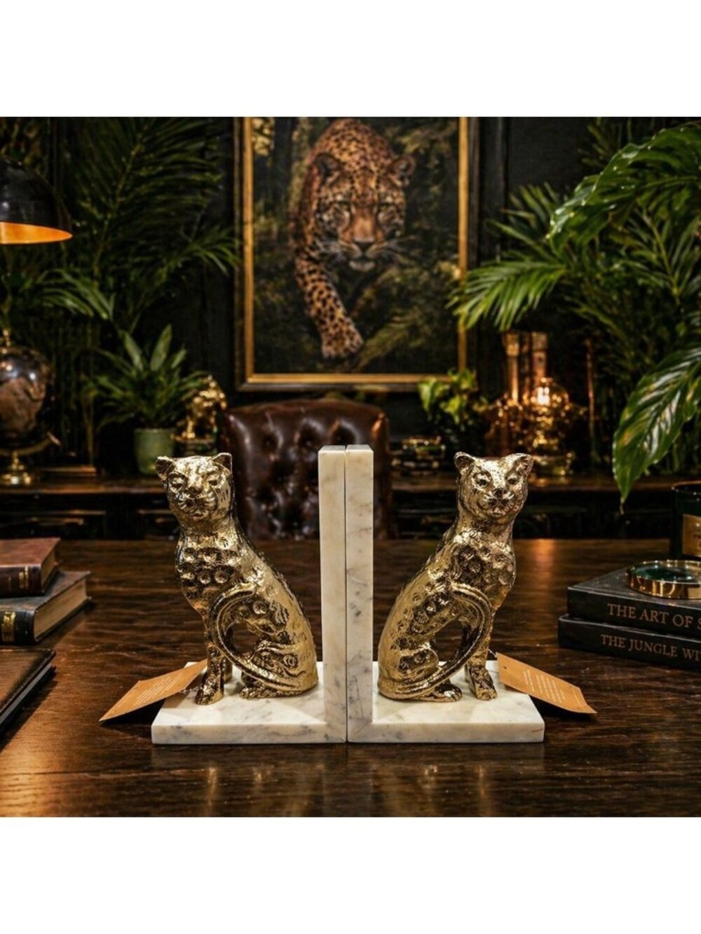 New Hollywood Regency Panther Leopard Marble Base Safari Room Decor Bookend Set